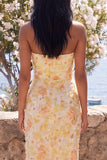 Yellow Strapless Ruched Bodycon Midi Floral Dress with Slit