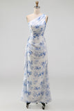 Blue Flower One Shoulder Mermaid Ruched Maxi Dress with Ruffles