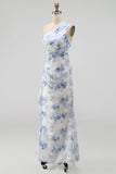 Blue Flower One Shoulder Mermaid Ruched Maxi Dress with Ruffles