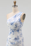 Blue Flower One Shoulder Mermaid Ruched Maxi Dress with Ruffles