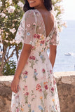 Ivory A-Line Tulle Corset V-Neck Embroidered Floral Midi Dress with Flutter Sleeves