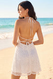 Halter A Line Ivory Beaded Mini Dress