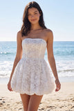 Strapless A Line Floral Corset Little White Dress