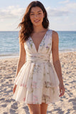 A Line Ivoy Printed Floral V Neck Tiered Mini Dress