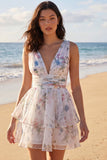 A Line Ivoy Printed Floral V Neck Tiered Mini Dress