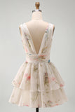 A Line Ivoy Printed Floral V Neck Tiered Mini Dress