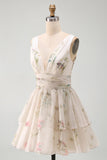 A Line Ivoy Printed Floral V Neck Tiered Mini Dress