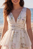 A Line Ivoy Printed Floral V Neck Tiered Mini Dress