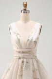 A Line Ivoy Printed Floral V Neck Tiered Mini Dress