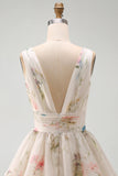 A Line Ivoy Printed Floral V Neck Tiered Mini Dress