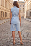 Light Blue 2 Piece Peak Lapel One Button Sleeveless Women Suits with Belt