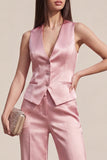 Pink V-Neck Single Breasted Sleeveless 2 Piece Slim Fit Women Suits