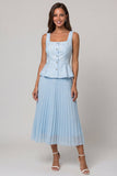 Sky Blue Pleated Square Neck A Line Midi Work Dress