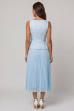Sky Blue Pleated Square Neck A Line Midi Work Dress