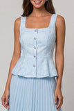 Sky Blue Pleated Square Neck A Line Midi Work Dress