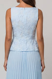 Sky Blue Pleated Square Neck A Line Midi Work Dress