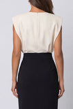 Ivory and Black Round Neck Midi Work Dress with Slit