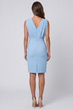 Sky Blue Ruched Bodycon V Neck Mini Work Dress