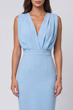 Sky Blue Ruched Bodycon V Neck Mini Work Dress