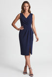 Navy Ruched Bodycon V Neck Midi Work Dress with Slit