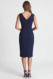 Navy Ruched Bodycon V Neck Midi Work Dress with Slit