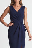 Navy Ruched Bodycon V Neck Midi Work Dress with Slit