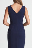 Navy Ruched Bodycon V Neck Midi Work Dress with Slit