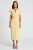 Light Yellow Sheath V Neck Ruched Midi Work Dress