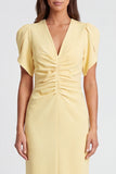 Light Yellow Sheath V Neck Ruched Midi Work Dress