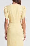 Light Yellow Sheath V Neck Ruched Midi Work Dress