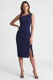 Navy Asymmetric Neck Sheath Midi Work Dress with Slit