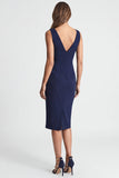Navy Asymmetric Neck Sheath Midi Work Dress with Slit
