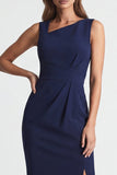 Navy Asymmetric Neck Sheath Midi Work Dress with Slit