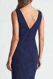 Navy Asymmetric Neck Sheath Midi Work Dress with Slit
