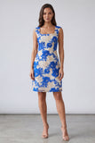 Blue Floral Square Neck Sheath Short Work Dress