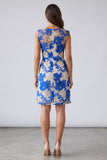 Blue Floral Square Neck Sheath Short Work Dress