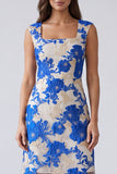 Blue Floral Square Neck Sheath Short Work Dress