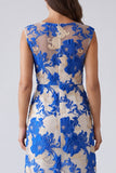 Blue Floral Square Neck Sheath Short Work Dress