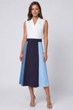 Ivory and Blue V-Neck A Line Midi Work Dress