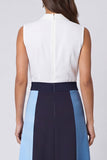 Ivory and Blue V-Neck A Line Midi Work Dress