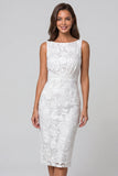 Ivory Boat Neck Floral Ruched Sheath Midi Work Dress