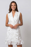 Ivory Shawl Lapel Double Breasted Floral Ruffled Short Work Dress