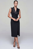 Black Peak Lapel Double Breasted Sheath Midi Work Dress