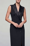 Black Peak Lapel Double Breasted Sheath Midi Work Dress