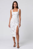 Ivory Floral Square Neck Sheath Midi Work Dress with Slit