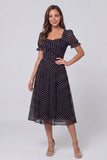 Black White Polka Dot Square Neck Puff Sleeve Midi Work Dress