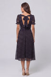 Black White Polka Dot Square Neck Puff Sleeve Midi Work Dress