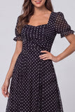Black White Polka Dot Square Neck Puff Sleeve Midi Work Dress