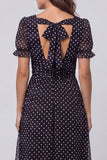 Black White Polka Dot Square Neck Puff Sleeve Midi Work Dress