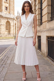 Ivory Double Breasted Pleated 2-piece Midi Work Dress
